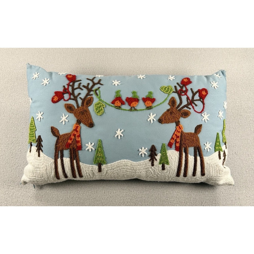 VTG Pier 1 Christmas Reindeer Lumbar Throw Pillow Embroidered Blue
